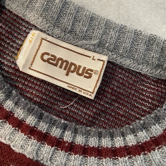 VTG Campus Size L Gray Stripe Plaid Long Sleeve Knit Crew Neck Pullover Sweater - Picture 7 of 10